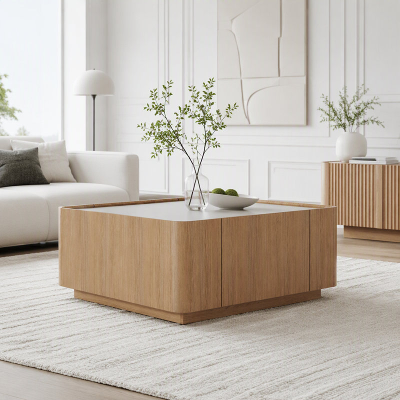 Table basse carrée avec dessus en verre et tiroirs, L 31,5 po, Noyer naturel