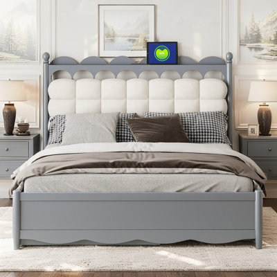 Queen Size Wooden Platform Bed with 2 Drawers, Twin-XL Trundle, USB & Sockets