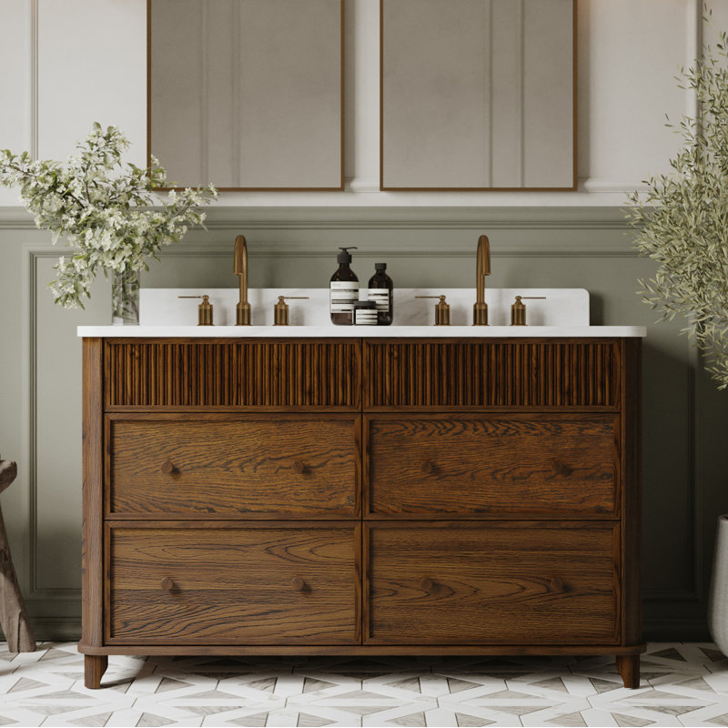 Kennedy 54" Double Bathroom Vanity with Statuario Quartz Countertop, Enhanced Brown Oak, 54"
