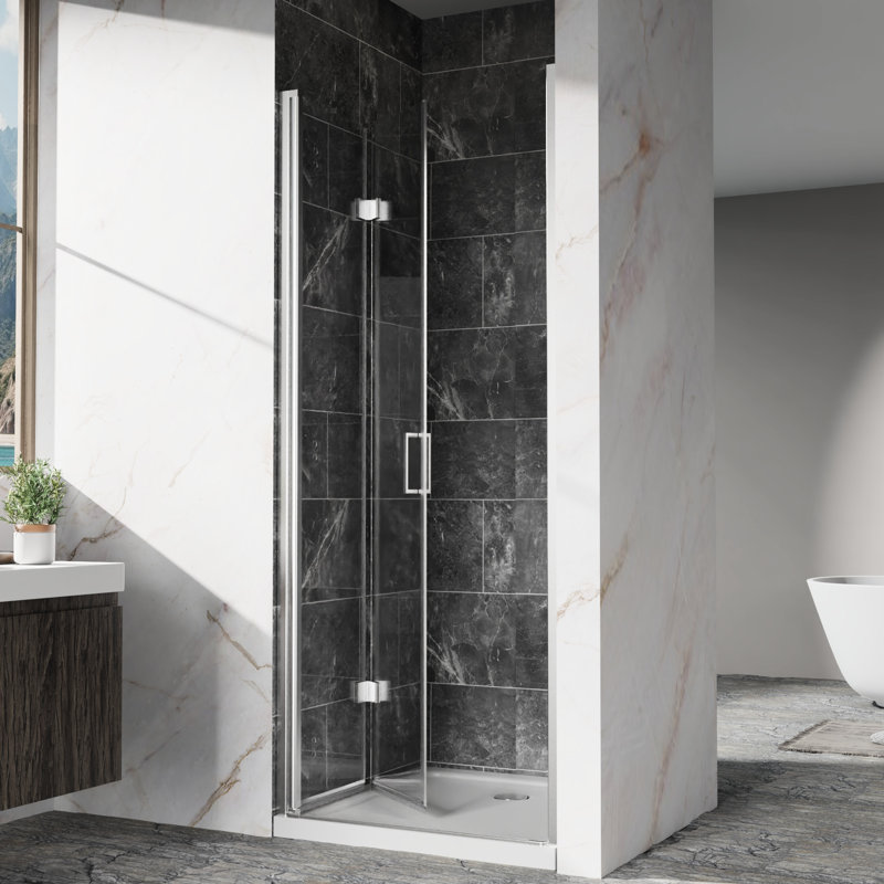 Bi - Fold Swing Pivot Shower Door For Small Bathroom, 30mm Adjustment, Heavy Duty Zinc Alloy Handle And Easy Clean 1/4" (6mm) Clear Tempered Glass With Aluminum Frame, Reversible Opening, Silent
