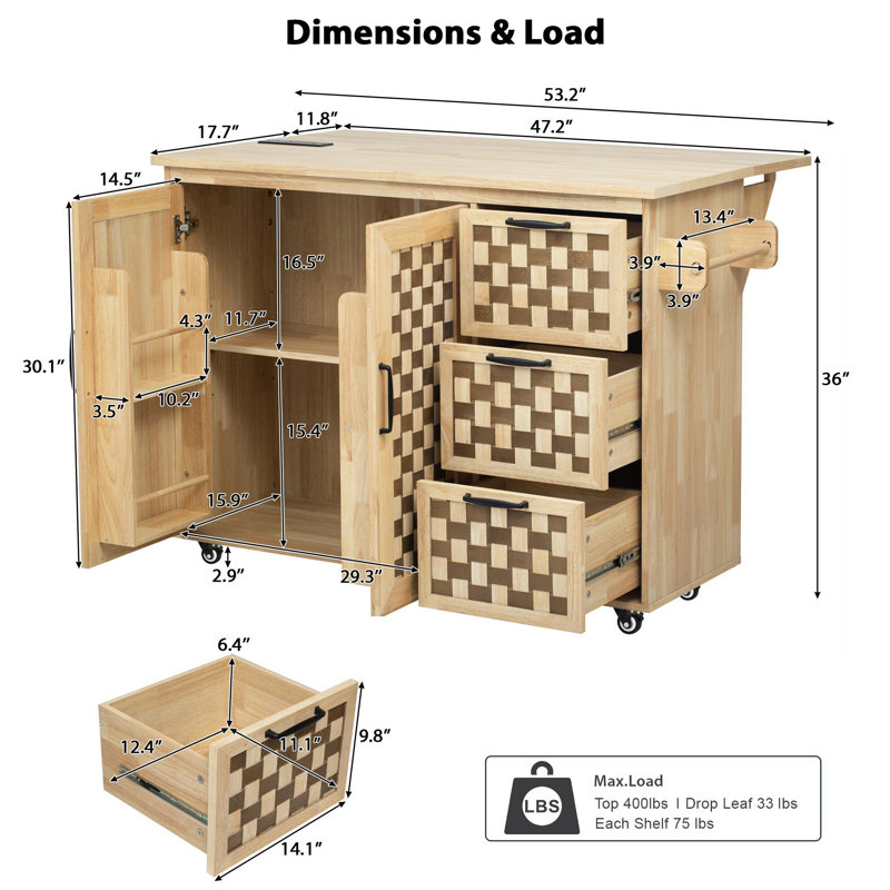 Checkerboard Pattern Design Kitchen Island with Drop Leaf