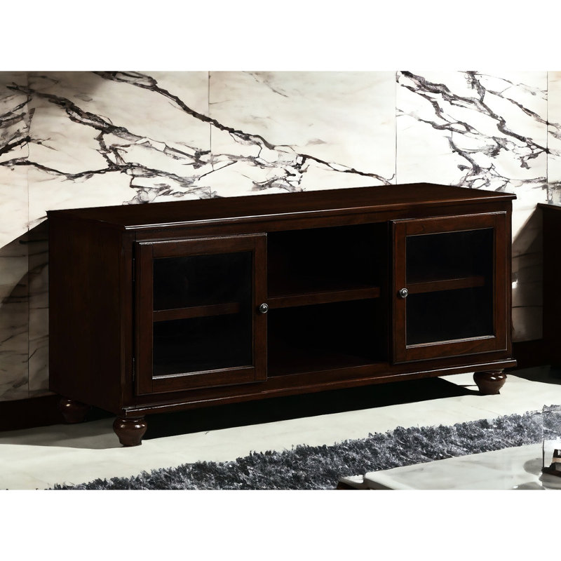 Meuble télé de 50 à 59 po avec finition noyer et style transitionnel, 2 portes vitrées et compartiments multimédia, placage de chêne chinois en bois de peuplier, capacité de charge de 70 lb pour les écrans, fabrication de placage, limite