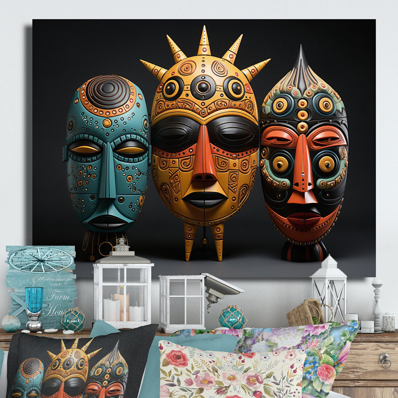 Masques colorés d'Afrique - décoration murale en métal africain, H 24 po x l 32 po