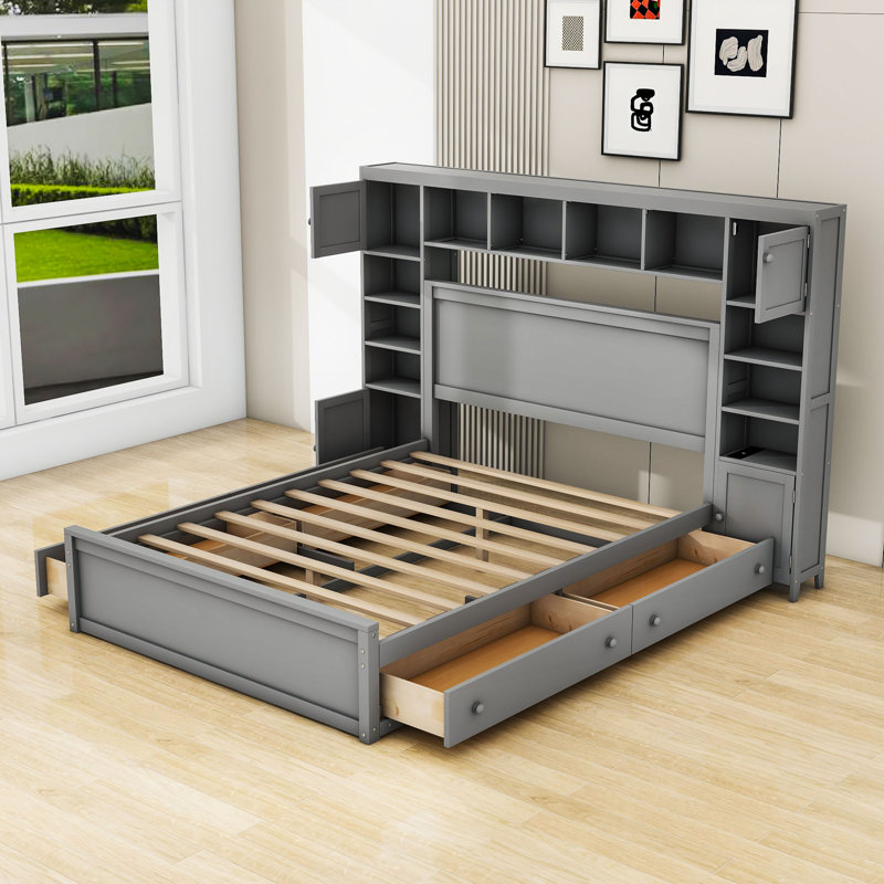 Philman Queen Bed with All-in-One Cabinet, Shelves, 4 Drawers and Sockets, Gray