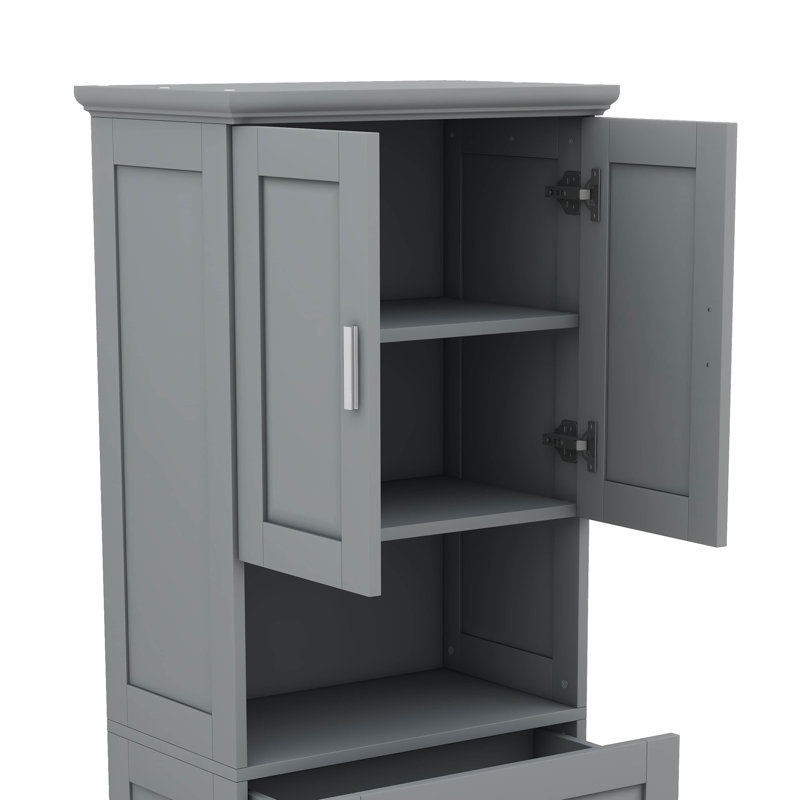 Armoire de salle de bain haute avec portes de panier à linge intégrées et section de rangement supérieure ouverte, Gris