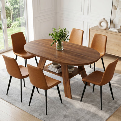 43.3''-59'' Extendable Round Dining Table For 4-6, Mid Century Modern Wooden Round Table With Removable Leaves Space Saving, For Kitchen Living Room
