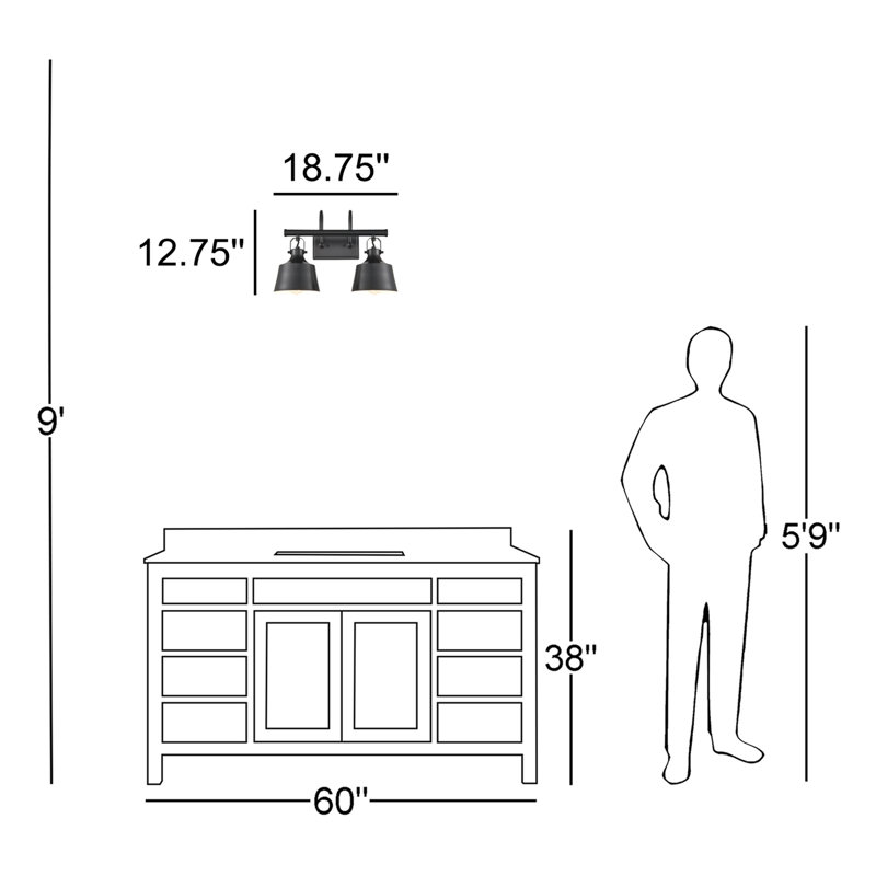 Éclairage pour meuble-lavabo à intensité variable 2 lumières Deming, Noir mat