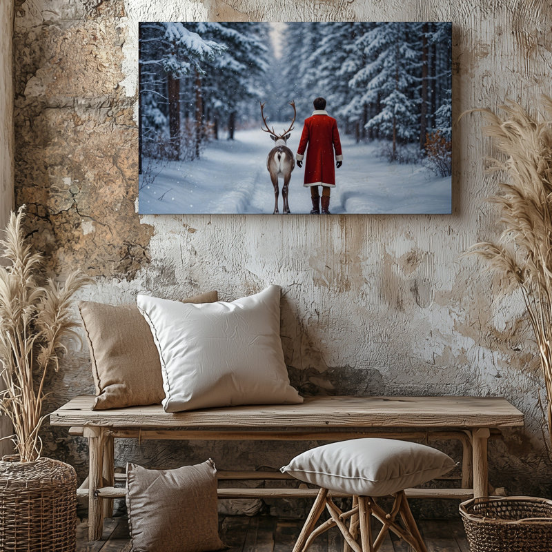 Toile «A Cosy Winter Scene Doté d'une figure dans un art mural rouge avec bordure blanche marchant le long d'un doux renne à travers l'art mural