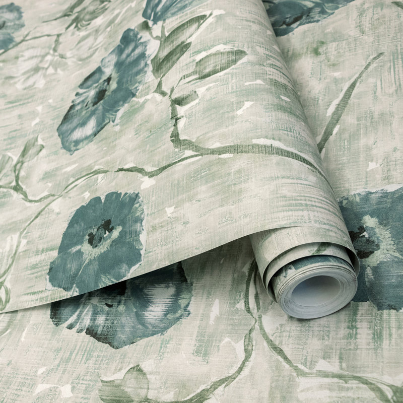 Julie Feels Home Collection Glitter/Shimmer Large Petunia Flowers Wallpaper Roll, 110.2'' W x 9.8' L, Steel Blue Sage