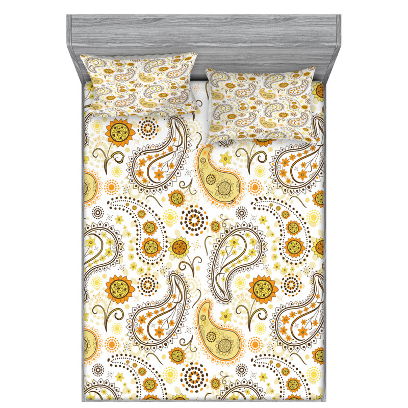 Microfiber Floral Sheet Set, Full Sheet Set with Fitted Sheet, Cream Cadet Blue Nouveau Swirly Floral