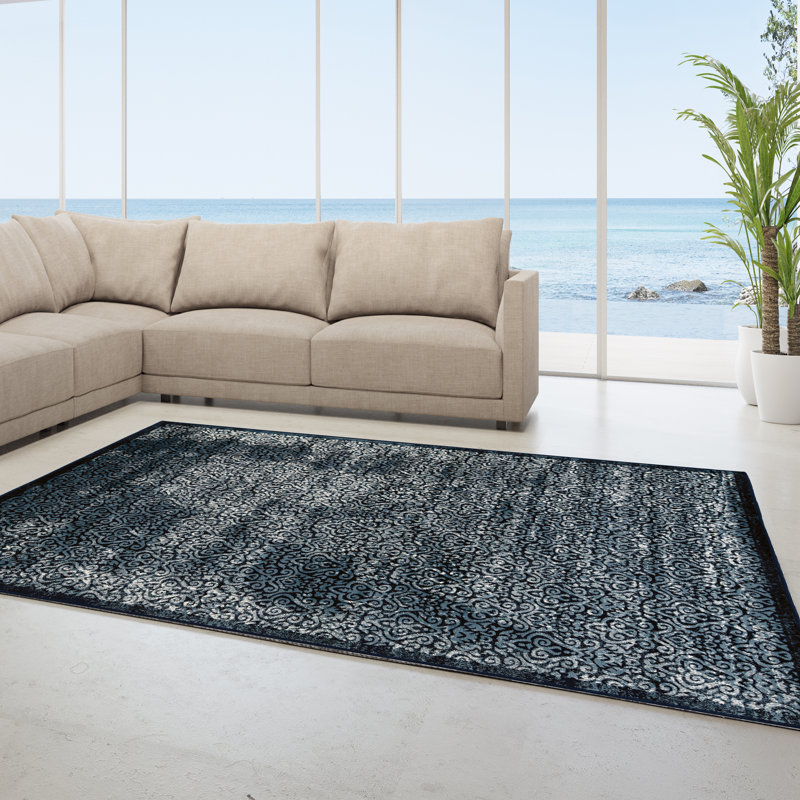 Ephraim Traditional Melange Navy Blue Soft Low Pile Area Rug, Rectangle 9' x 12'