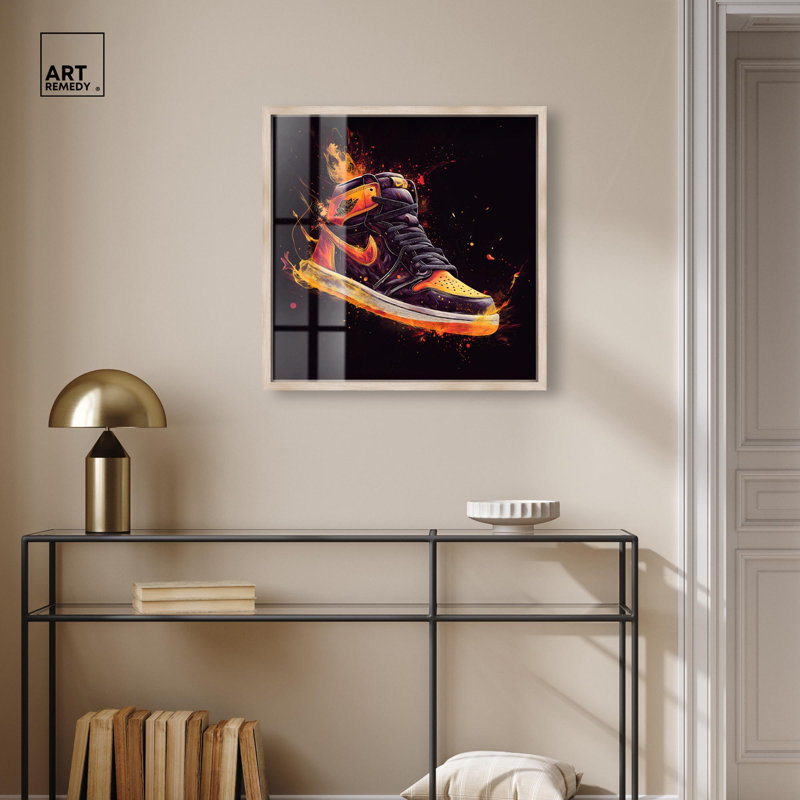 «Jumpman on Fire II Shadowbox Print Sneaker» par Art Remedy, H 25 po x l 25 po, Crème, crème