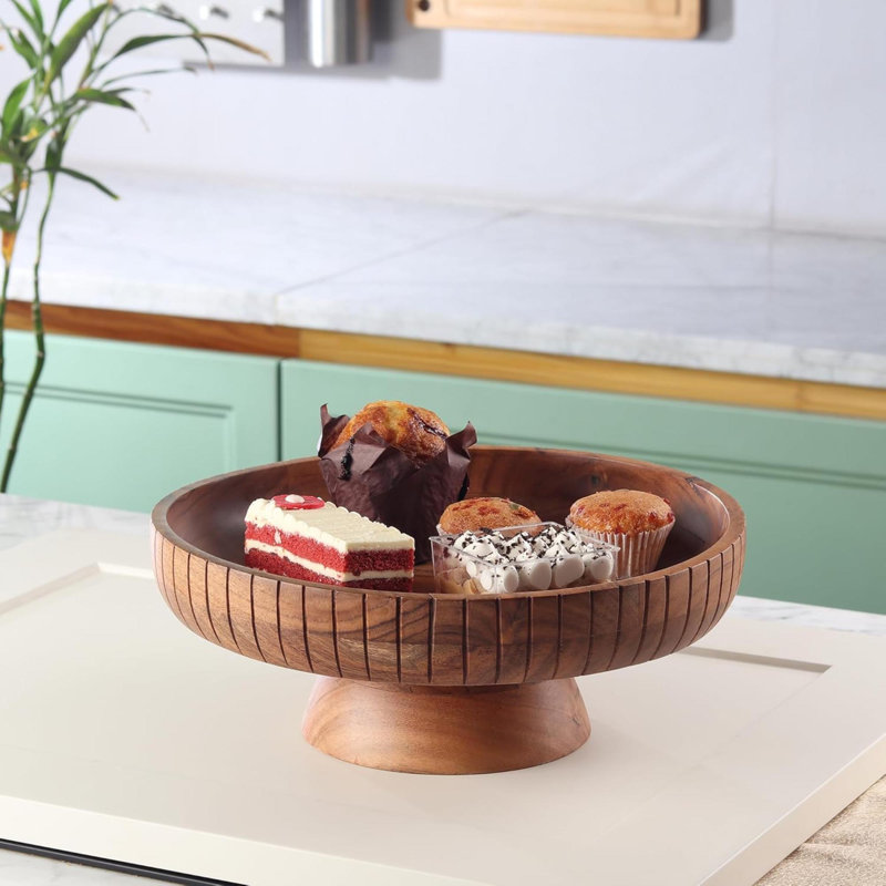 Bol à fruits en bois d'acacia avec piédestal | Diamètre de 12 po | Bol décoratif utilisé comme pièce maîtresse pour le comptoir de cuisine ou la table de salle à manger | Décoration de table en bois