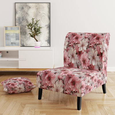 Pink And White Carnation Blossoming Grace - Velvet Upholstered Farmhouse Slipper Chair, Rustic Floral Accent Chair