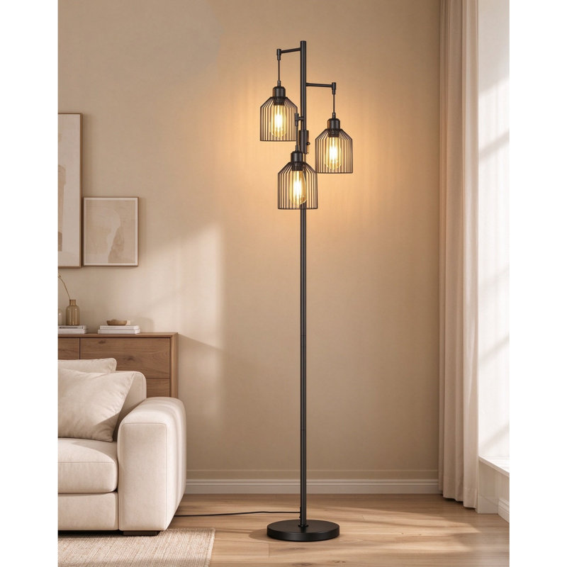 Matte Black LED Floor Lamp, H176.5cm with 3 × 6W Integrated LED Bulbs [Energy Class E], 0–100% Stepless Dimming & Rotary Dimmer Switch