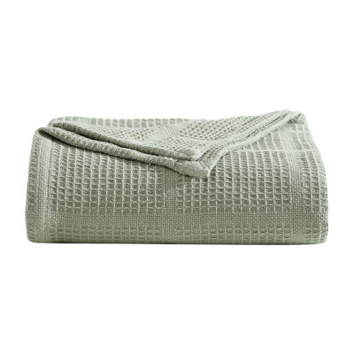 Kenneth Cole Waffle Grid Solid Cotton Blanket In Green