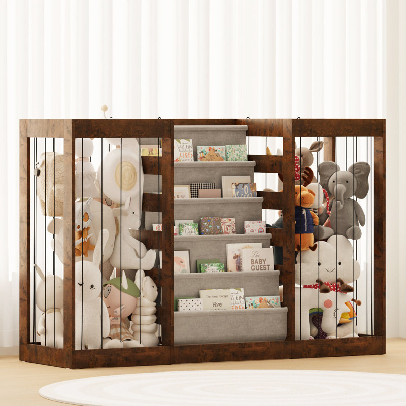 Kids Bookshelf with Toys Storage Organizer, Stuffed Animal Storage for Nursery, Playroom, Kids Room, Dark Brown Wood