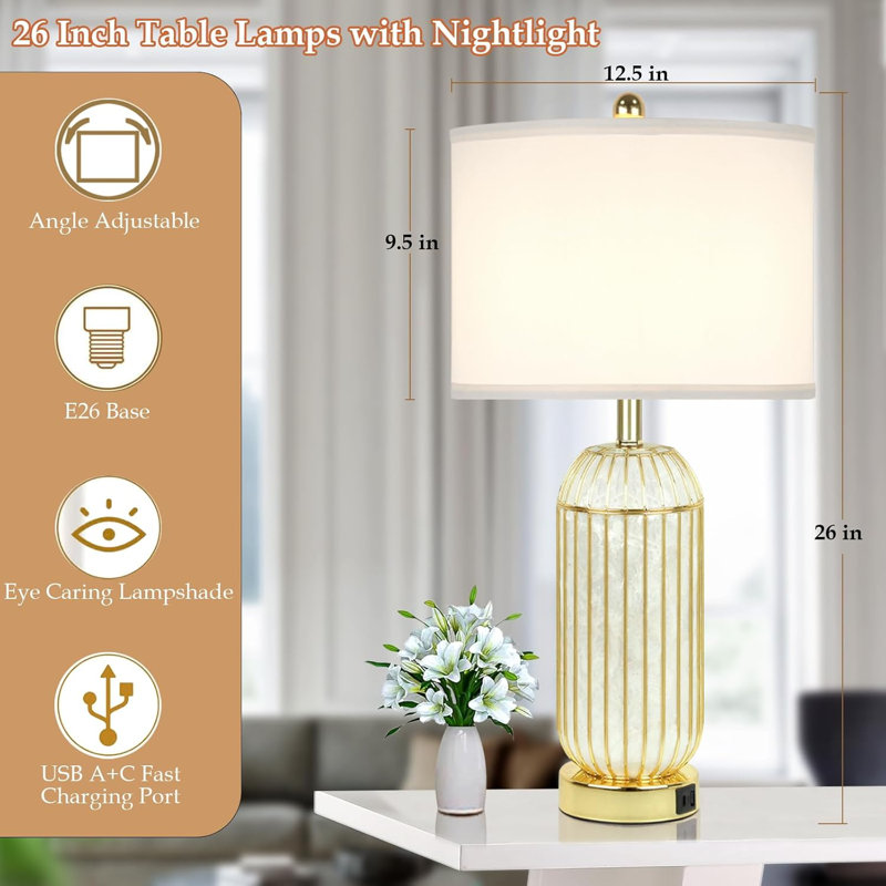 Ensemble de 2 lampes de table dorées en coquillage Capiz avec veilleuse à DEL dorée