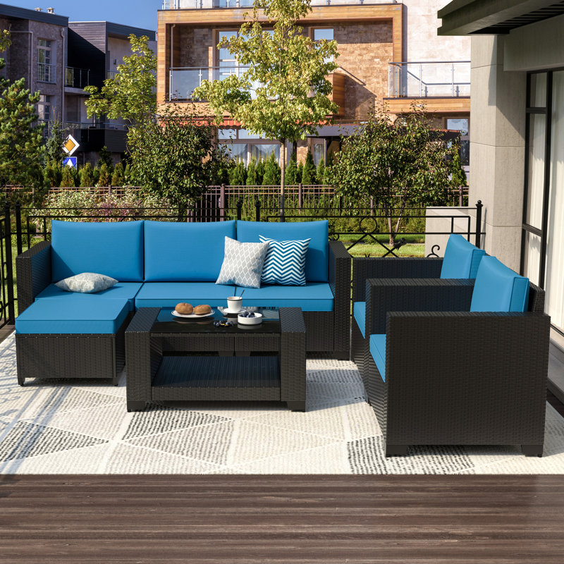 Outdoor Patio Furniture Sets 7 Pieces All-weather Wicker Sectional Conversation Set Rattan Patio Seating Sofa With Cushion, Blue