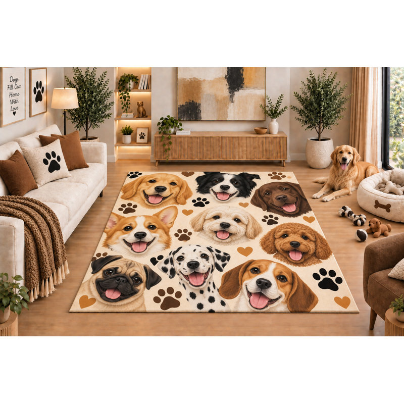 Tapis « Ultra Fin » 152 x 213 cm (5 pi x 7 pi) à motifs de chiens mignons, chiots de races mixtes, empreintes de pattes et cœurs, pour salon ou chambre d'animal de compagnie, dos en silicone antidérapant, poils courts.