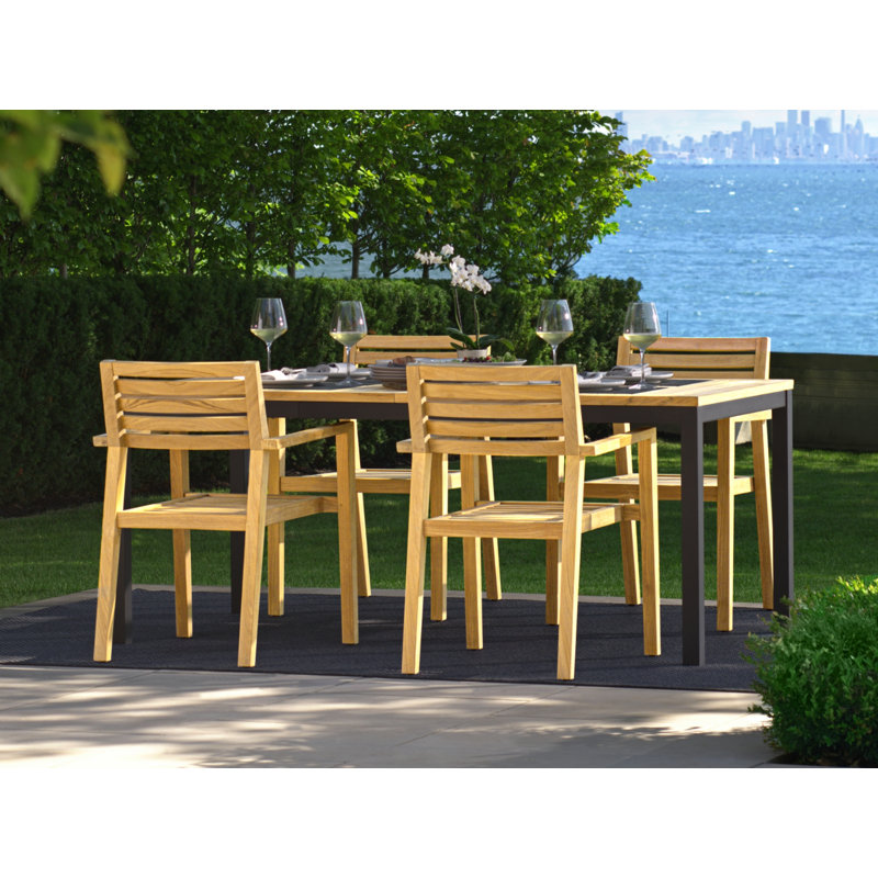 Outdoor Furniture Rhodes 7 Piece Dining Set with 96 in. Table, Natural Teak, Spectrum Indigo Sunbrella® Plainweave