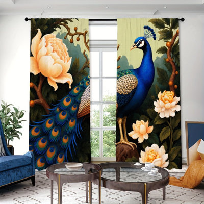 2PCS Elegant Peacock Floral Art Print Light Filtering Curtains with Peony Accents, Vibrant Nature Scene Decor, Easy Hang Rod Pocket Design, All-Season for Home Living Room Bedroom Study Home Decoration
