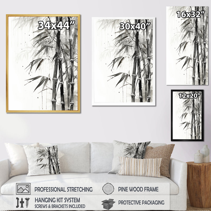 Bambou sauvage noir et blanc VI sur toile, H 32 po x l 24 po x P 1 po, Cadre flottant doré