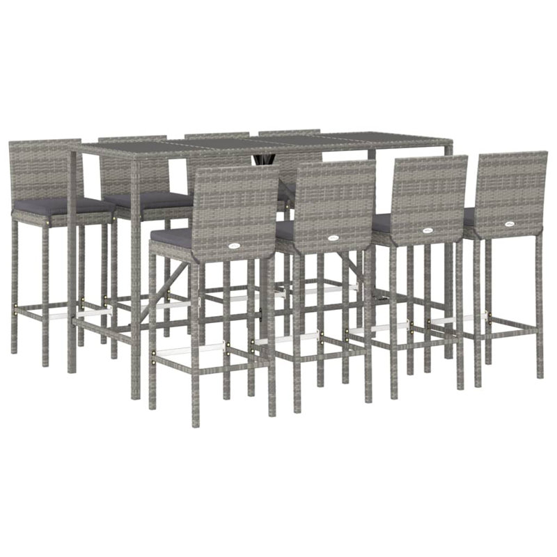 Ensemble de bar 9 pièces avec coussins en rotin gris Vidaxl, Table de 70,9 po de longueur, Gris, 8
