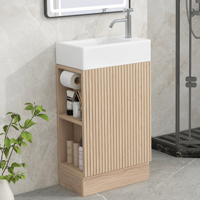Meuble-lavabo avec lavabo, meuble-lavabo avec tablette réversible à deux niveaux, Naturel
