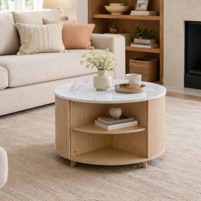 Table basse ronde cannelée avec porte coulissante et rangement à couvercle rabattable
