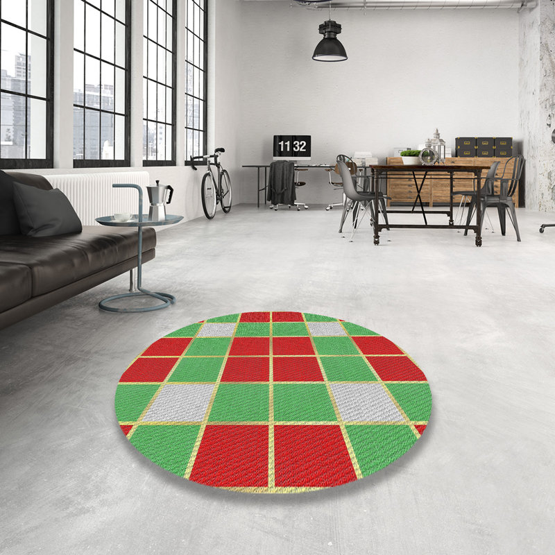 Tapis rouge/bleu marine à motifs, Rond 7 pi