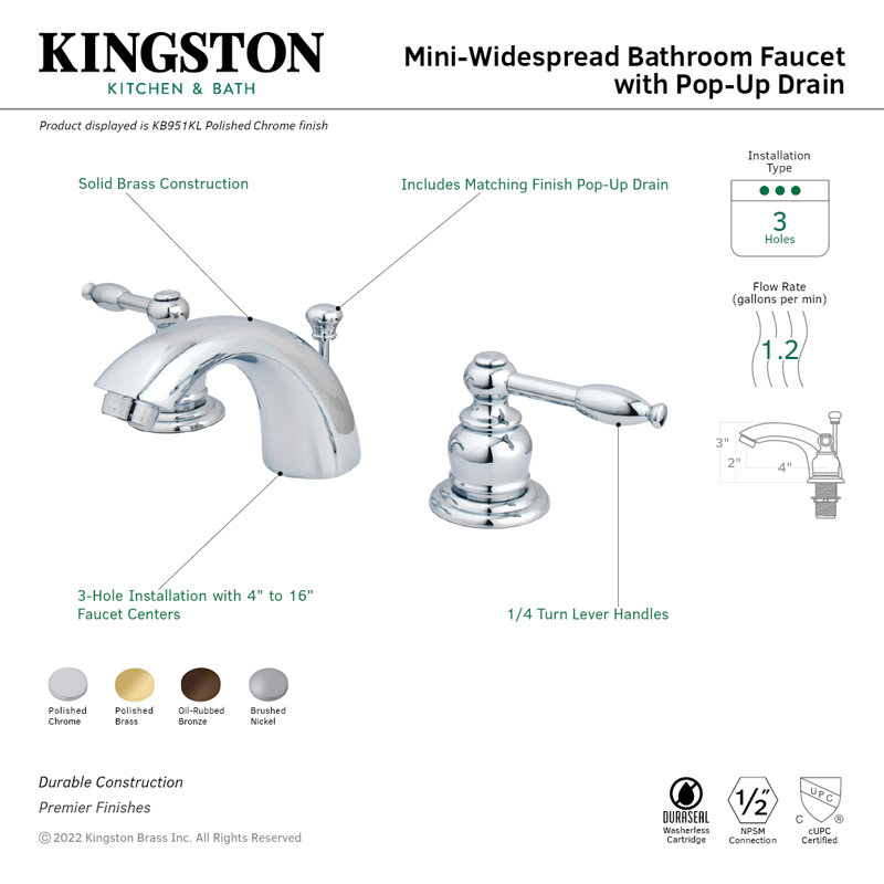 Kingston Brass Knight Two-Handle 3-Hole Deck Mount Mini-Widespread Bathroom Faucet with Plastic Pop-Up, Polished Brass