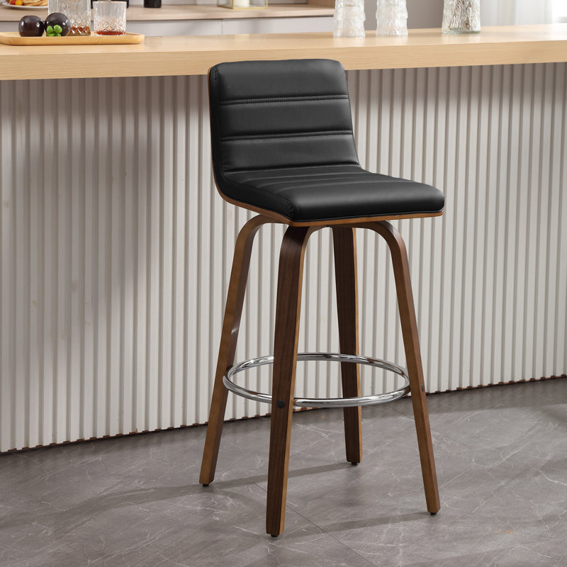 Tabouret pivotant rembourré Bomia avec structure en bois massif et dossier en similicuir en L, Noir, noir, noir, noir
