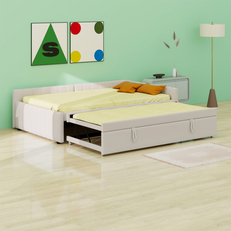 Lit de jour rembourré en L avec lit gigogne escamotable, Beige