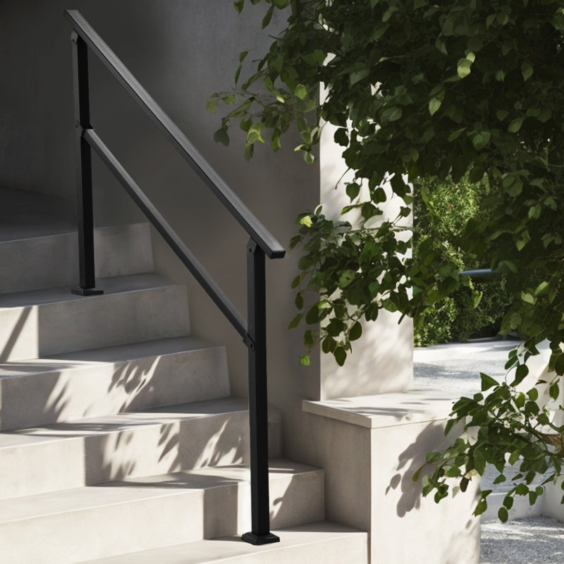 Mains courantes d'extérieur pour les marches, ensemble de rampes d'escalier à 4 ou 5 marches, tube carré noir avec barre horizontale, rails de support en acier au carbone pour les personnes âgées, escaliers en béton et sur le pont, installation facile