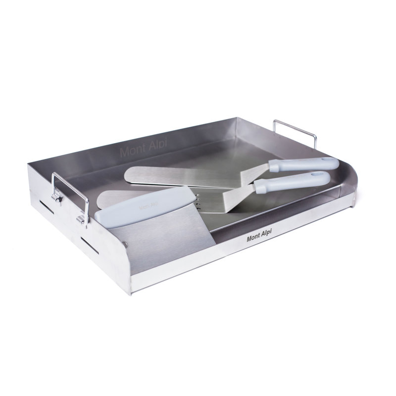 Mont Alpi MASHP Stainless Steel Universal Outdoor Barbecue Flat Top Griddle Converter Kit - Frying Pan with Grease Collection Zone, Teppanyaki Style Solid and Slotted Spatulas, Scraper BBQ Tool Set