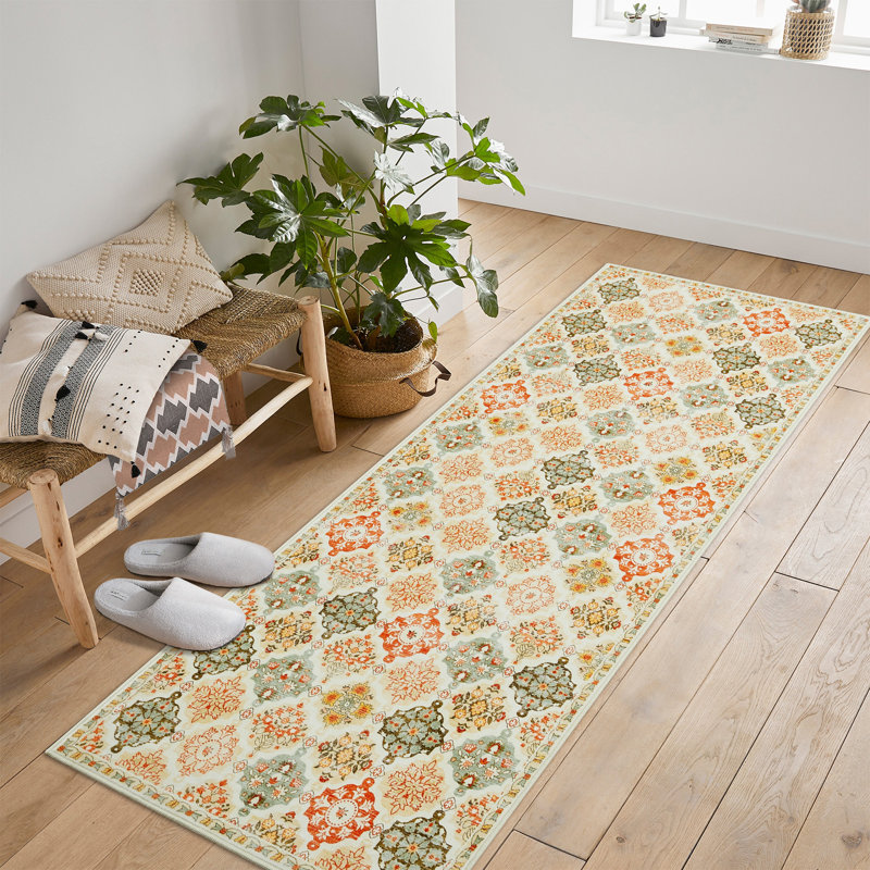 Boho Floral Checkerboard Area Rug - Washable Non-Slip Faux Wool Carpet - Ideal for Bedroom Living Room Kitchen Office Entryway Bathroom