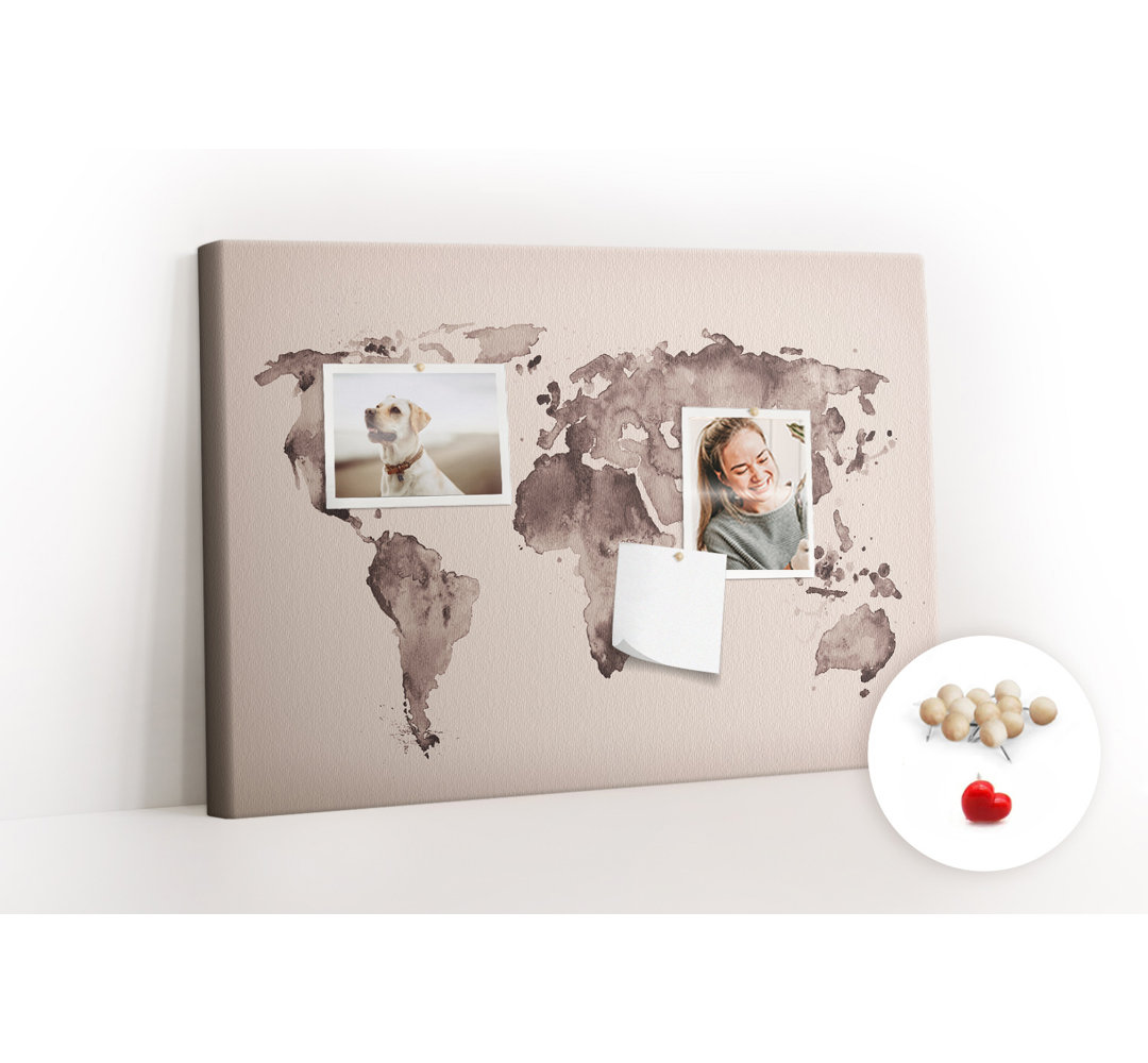 Wall Mounted cork board with print home decor message pin boards home office bulletin board ideas Watercolors world map