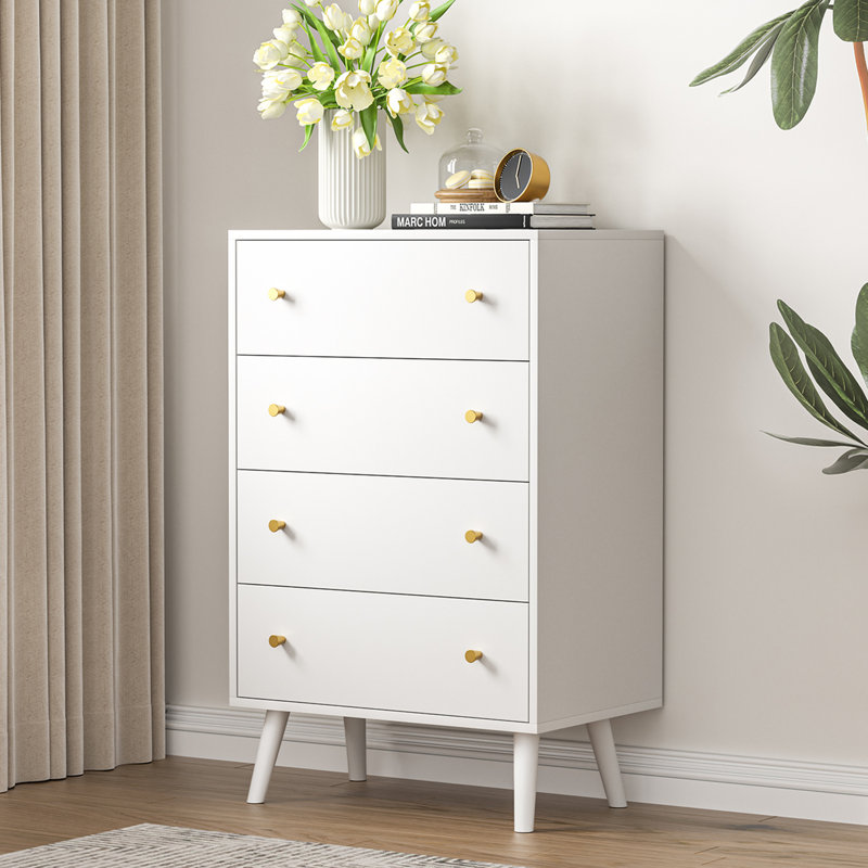 Modern White Tall Chest of Drawers with Gold Handles