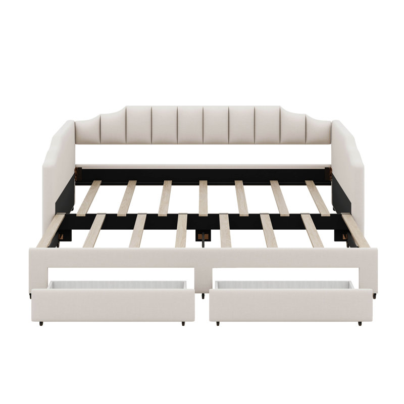 Twin XL To King Size Daybed With 2 Storage Drawers And LED, Twin XL Size Upholstered Extendable Day Bed For Samll Space