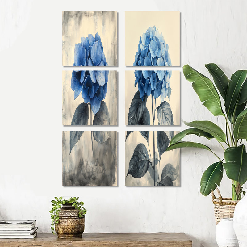 Hortensia rétro dans un champ monochrome - ensemble de 6 impressions sur toile florales, Toile tendue, Ne s’applique pas