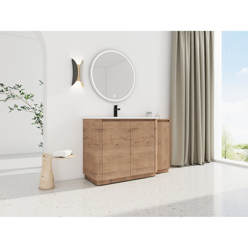 Meuble-lavabo autoportant de 52 po avec lavabo en céramique blanc, 1 petite armoire de rangement, porte à fermeture douce, style chêne imitation, contreplaqué emballé Kd, idéal pour un lavabo lisse et facile à nettoyer