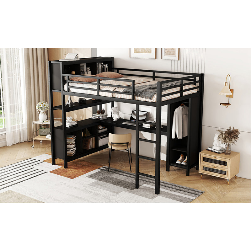 Lit mezzanine en métal avec rangement et tablettes, noir, armoire pleine grandeur pour bureau pour adolescents, adultes, Noir