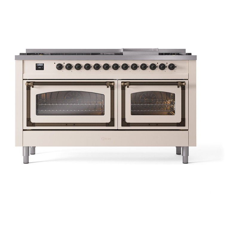 ILVE Nostalgie II Noblesse 60 in Dual Fuel Range, 9 Burner, Griddle, Antique White/Burnished, Natural Gas
