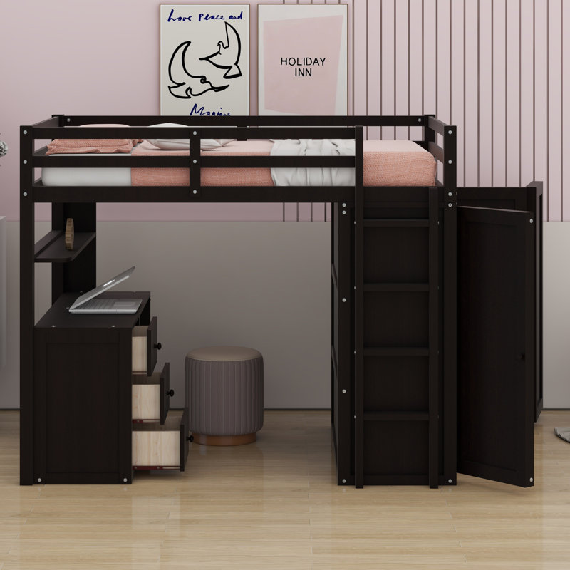 Lit mezzanine avec tiroirs, bureau et garde-robe, Espresso