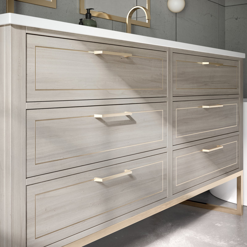 Markham 60'' W Double Vanity, Cashmere Gray, White Quartz, Satin Brass