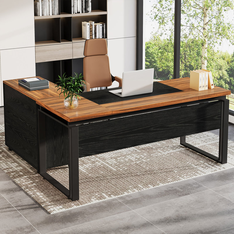 2-Piece Executive Desk with File Cabinet for Home Office, Brown/Black