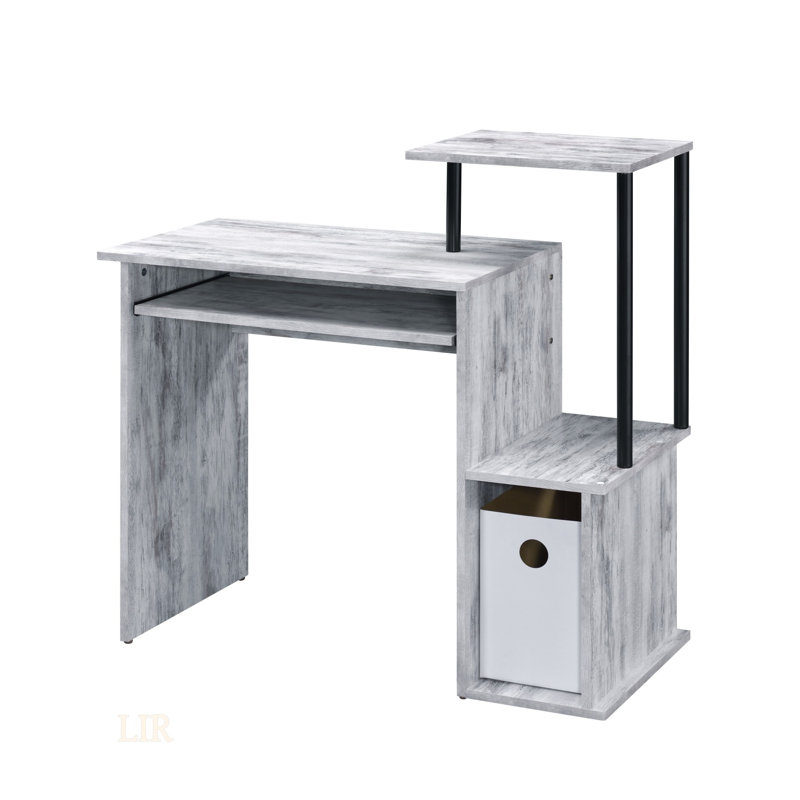 Bureau d'ordinateur Lyphre au fini blanc antique et noir avec plateau pour clavier, tablette et compartiment de rangement