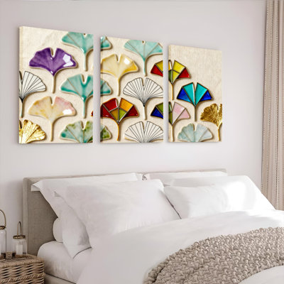 Colorful Ginkgo Leaf Pattern Canvas Wrapped Wall Art, Abstract Nature-Inspired Print (Set of 3)