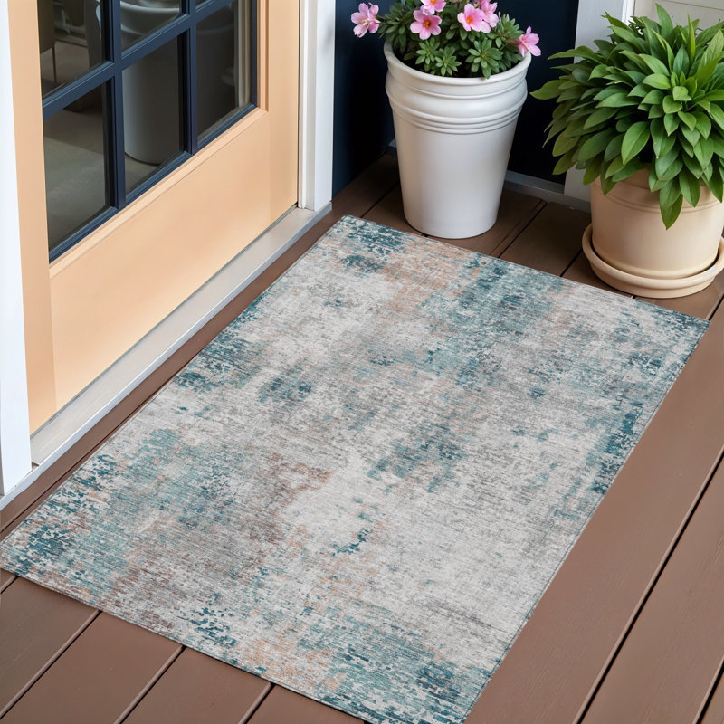 Tapis d'extérieur lavable abstrait bleu sarcelle 3 pi x 5 pi bleu sarcelle et cuivre
